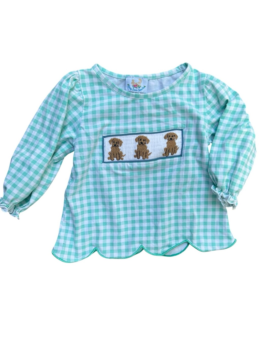 Girls' Mint Gingham Golden‎ Retriever Puppy Busy Bees Smock Top 18 Mos